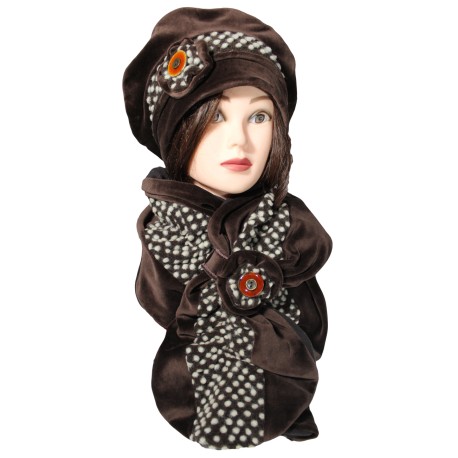 ENSEMBLE  Béret et écharpe en VELOURS - Coloris chocolat et laine plumetis coordonnée - Jolie fleur agrémentée d'un bouton