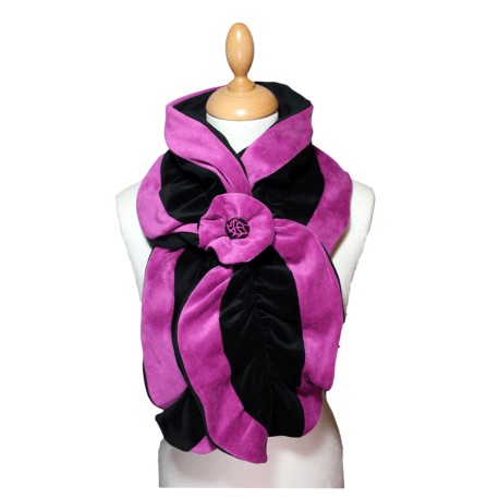 ECHARPE FEMME en VELOURS et POLAIRE - Coloris noir et rose purple