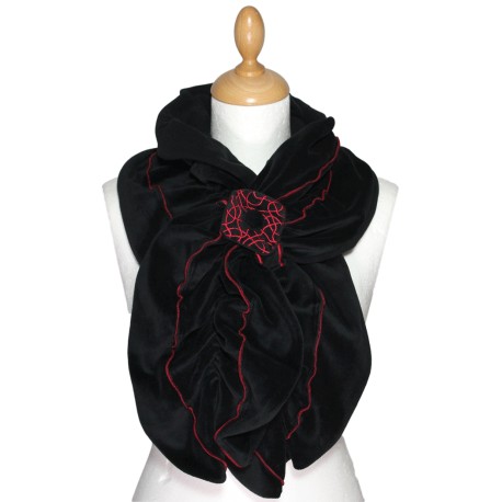 ECHARPE FEMME en VELOURS et POLAIRE - Coloris noir et surpiqûres de couleur rouge