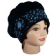 BERET FEMME en VELOURS - Coloris bleu nuit et laine plumetis coordonnée - Jolie fleur agrémentée d'un bouton