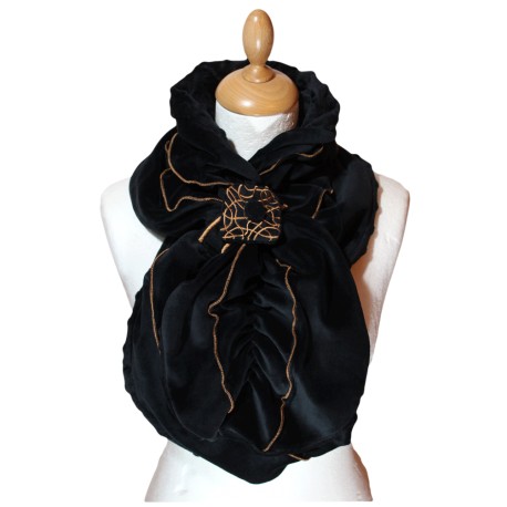 ECHARPE FEMME en VELOURS et POLAIRE Minky - Coloris noir et surpiqûres de couleur camel